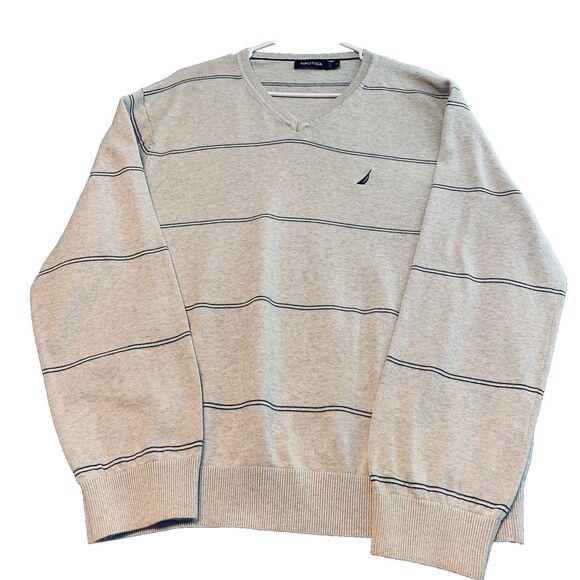 Nautica VNeck Sweater Logo XL Striped Cream Black 100% Cotton Preppy Casual - Picture 1 of 7